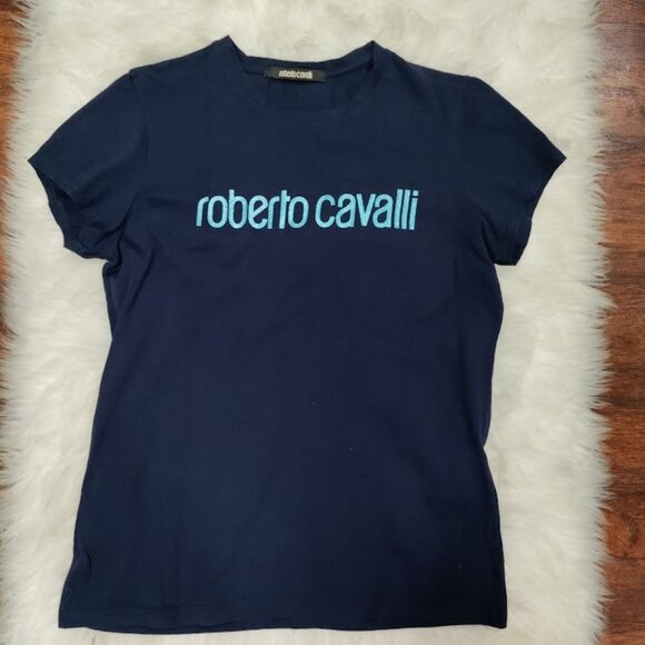 Roberto Cavalli Navy Blue Logo Print Shirt Sleeve T-Shirt Women's Size Large - Picture 2 of 14